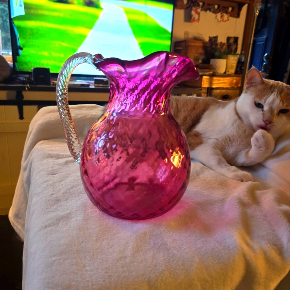 Vintage Fenton cranberry art glass diamond optic pitcher 8 inches large mint